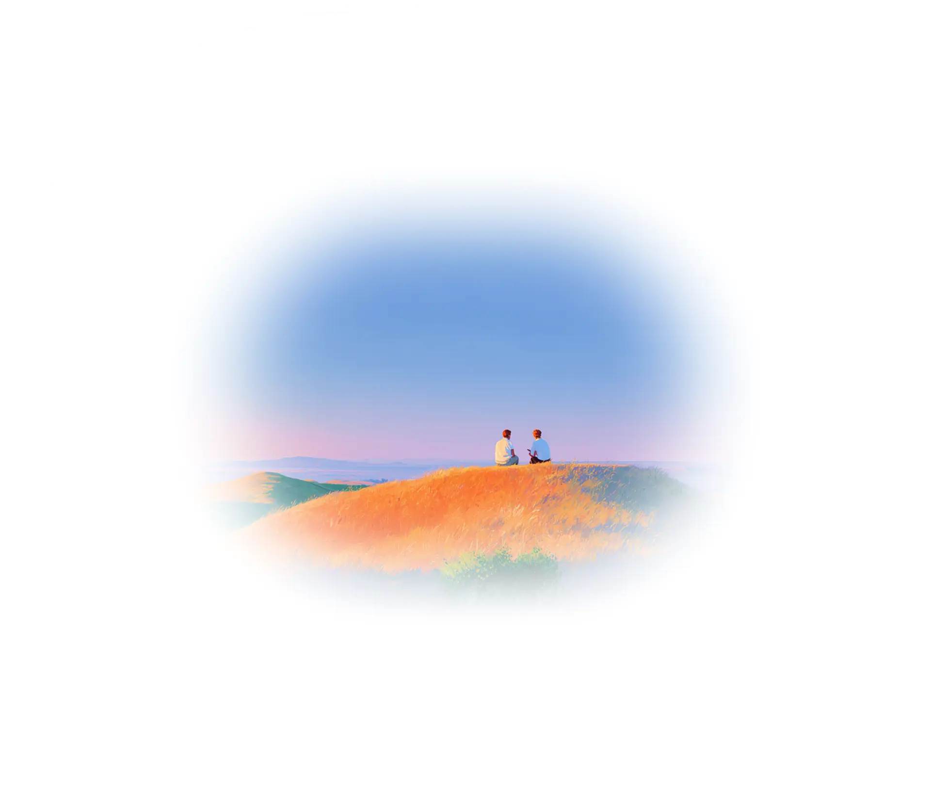 Two people talking on a hillside at sunset